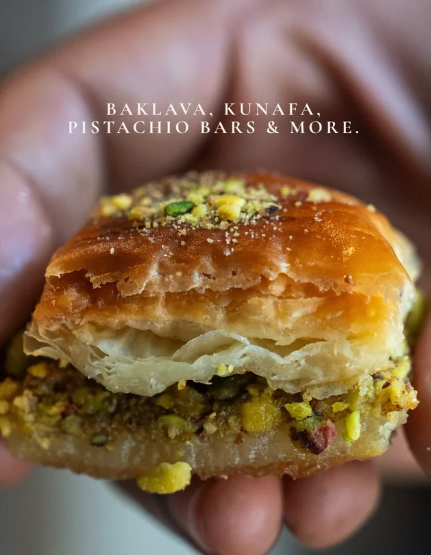 A layered pistachio-filled pastry at Mezze