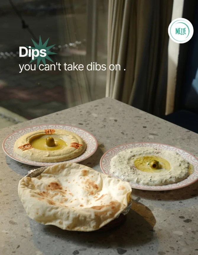 Hummus, tzatziki and puffed pita at Mezze